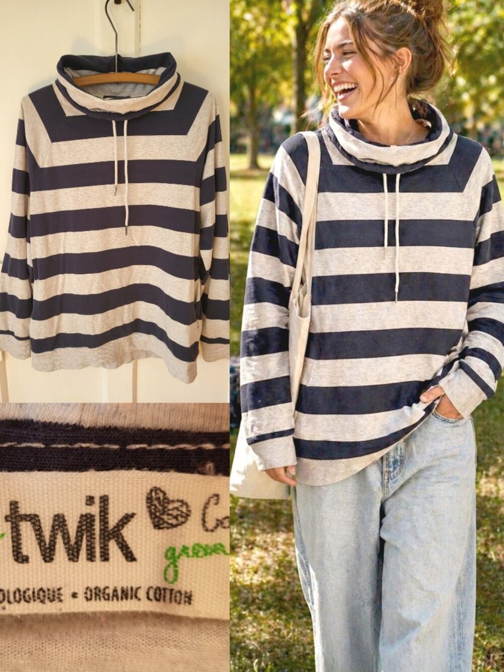 Twik Organic Cotton Striped Cowl Neck Pullover Relaxed Fit Blue Navy Grey XL